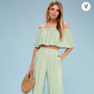 NWT - sage stripe off-shoulder 2 piece jumpsuit